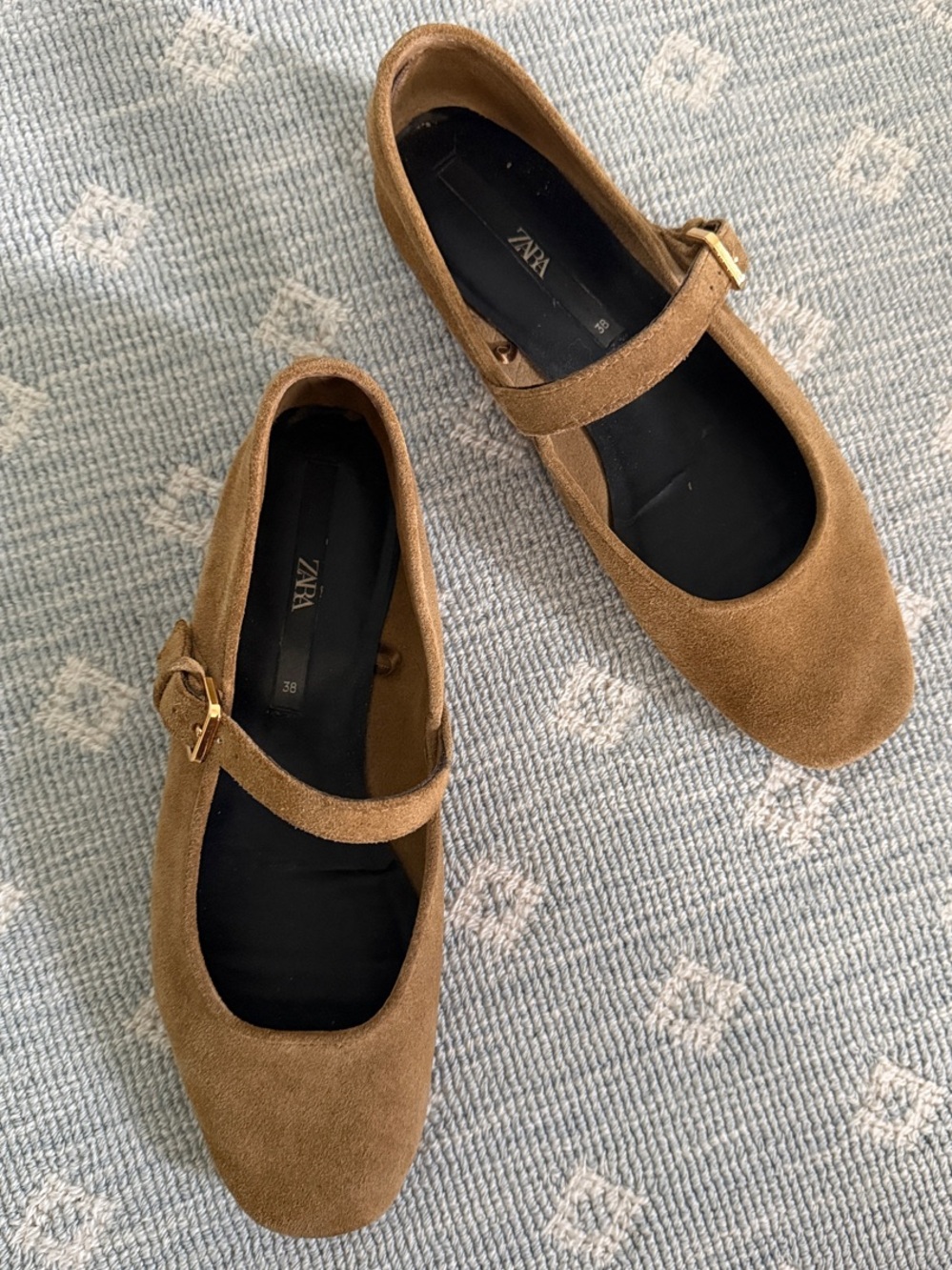 Zara Tan Suede Mary Jane Flats with Gold Buckle